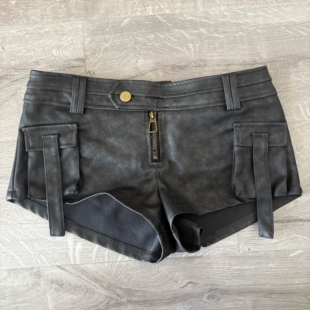 Edikted Black Faux Leather Cargo Shorts with Gold Hardware